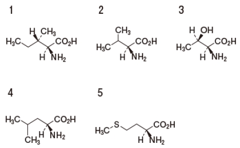 108回薬剤師国家試験問6 (2S)-2-Amino-4-methylpentanoic acidの構造式