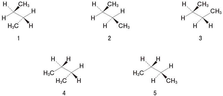 ブタンのC2-C3結合を回転させた際に生じる立体配座のうち、最も安定なのはどれか　104回薬剤師国家試験問8