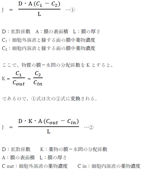 109回薬剤師国家試験問41 Fickの法則に従う細胞膜透過において、薬物の透過速度と反比例するもの